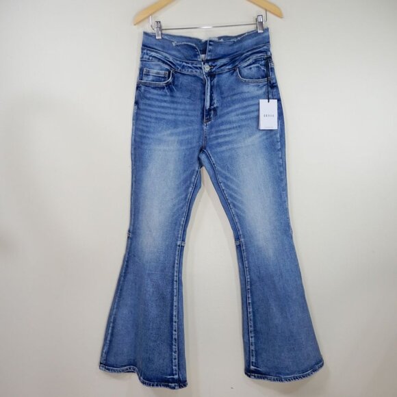 CEROS Mid Rise Super Flare JEANS Size 31 Blue Denim Back Slit NEW - Picture 5 of 12